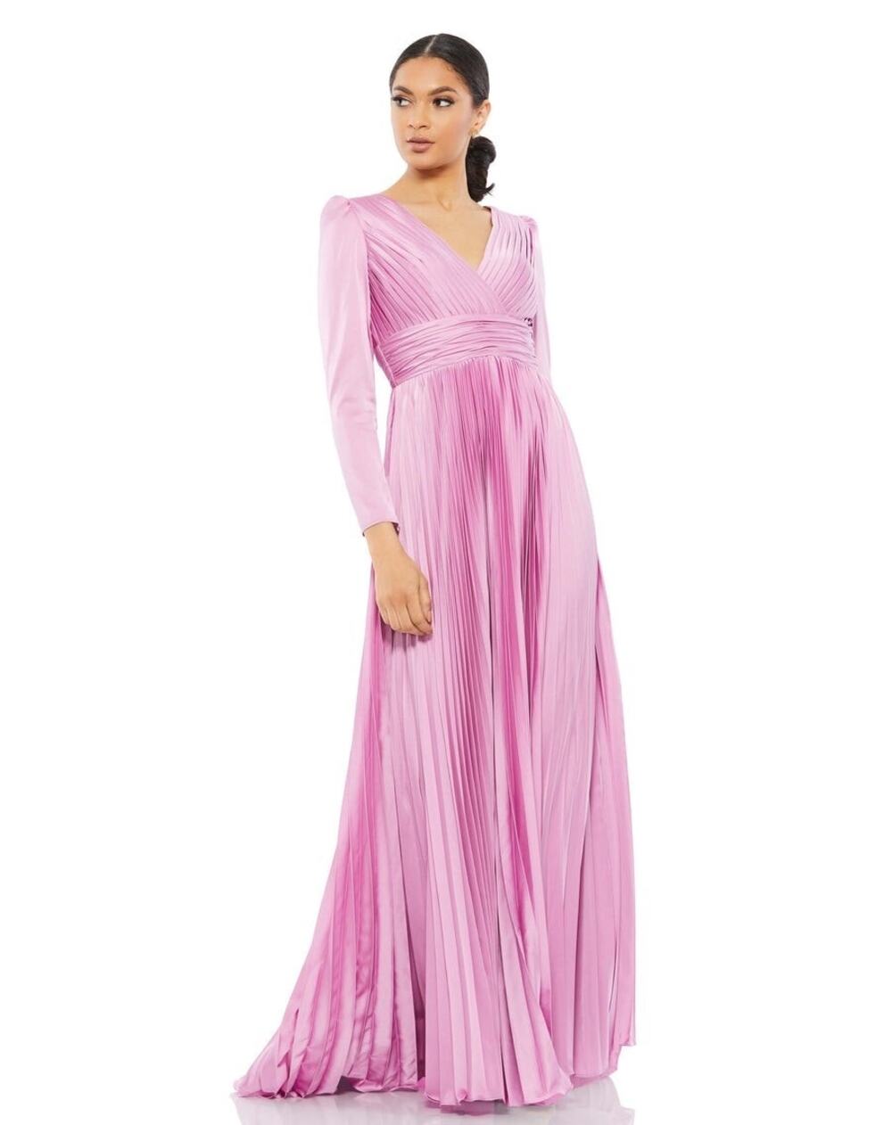 Mac Duggal Pink Pleated Satin Long Sleeve V-Neck Formal Evening Gown 14
